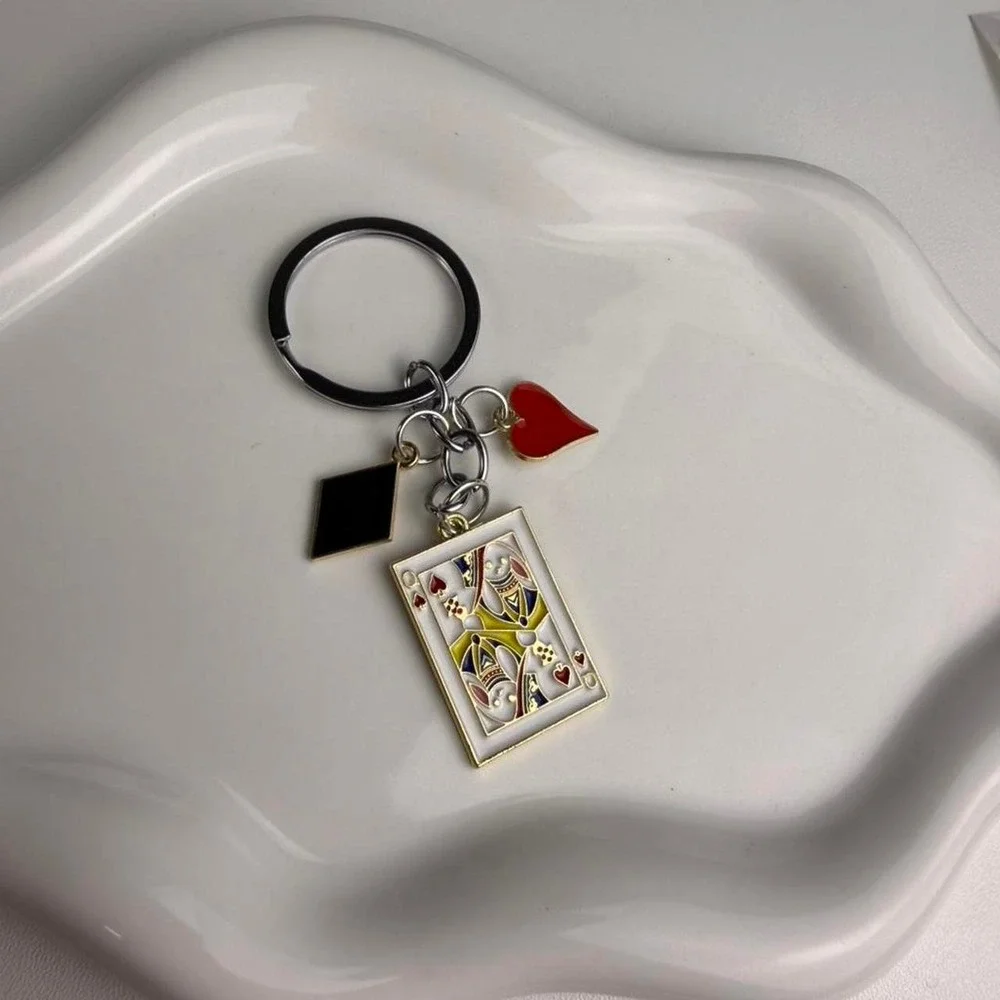 Queen Card Keychain Heart Spade Card Charm Metal Key Ring Bag Charm Accessory